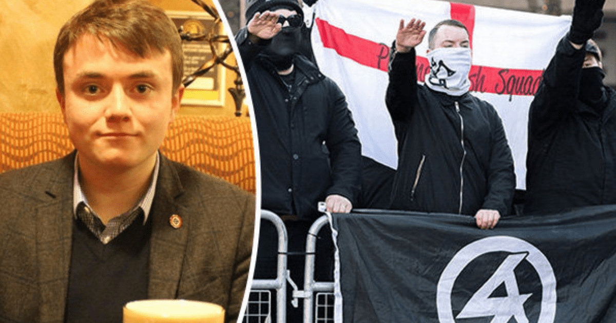a picture of Neo-nazi Jack Renshaw on the left hand side of the screen and members of National Action doing the nazi salute on the right hand side of the image