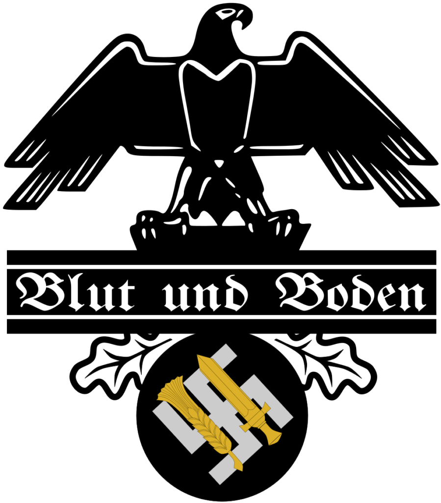 Logo of the Reich Ministry of Food and Agriculture, and the Blood and Soil ideology. A black Eagle is resting above a banner which says "Blue und Boden"