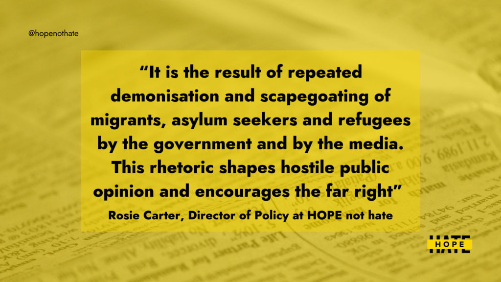 Rosie Carter, Director of Policy at HOPE not hate said,

“It is the result of repeated demonisation and scapegoating of migrants, asylum seekers and refugees by the government and by the media. This rhetoric shapes hostile public opinion and encourages the far right” 