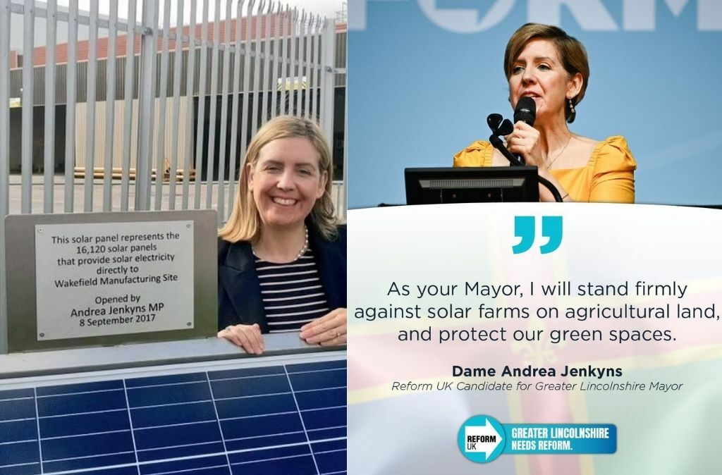 2017: The Tories' Andrea Jenkyns welcomes solar panels (left) 
2024: Reform's Andrea Jenkyns opposes solar panels (right)
